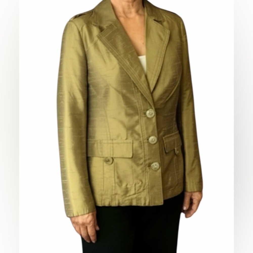 Chico’s 100% Silk Minimalist Jacket Metallic Gold  Size 1 Medium Buttons Pockets